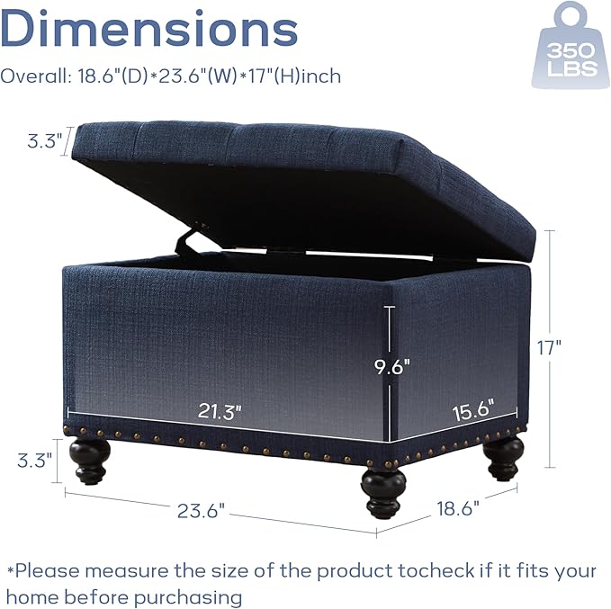 Zihanhome Small Ottoman with Storage, Upholstered Button Tufted Bench, 24" Rectangle Storage Ottoman Foot Rest, Foot Stools, for Living Room, Bedroom, Corners, Dorms and Apartments (Dark Blue)