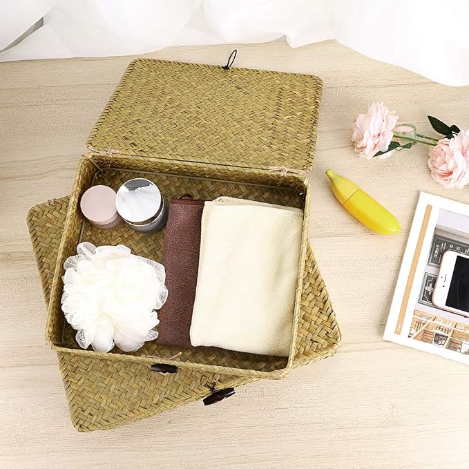 Hipiwe Natural Seagrass Storage Bins with Lid, Woven Wicker Basket Boxes Home Organizer Bins Shelf Organizer Box,Set of 2