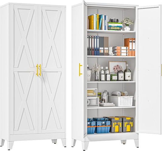 71" Metal Storage Cabinet with 2 Doors and 4 Adjustable Shelves,White Farmhouse Kitchen Pantry Cabinet,Steel Garage Tool Cabinet,File Cabinetfor Home,Office,Dinning Living Room,Warehouse