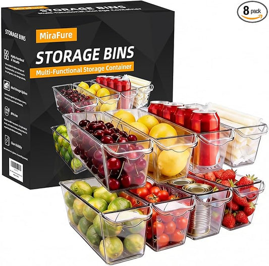 8 Pack Fridge Storage Bins, BPA Free Clear Refrigerator Organizers and Storage Containers, Clear Pantry Organization & Cabinet Bins, Slim Freezer Bin for Kitchen, Mini Fridge, Breast Milk
