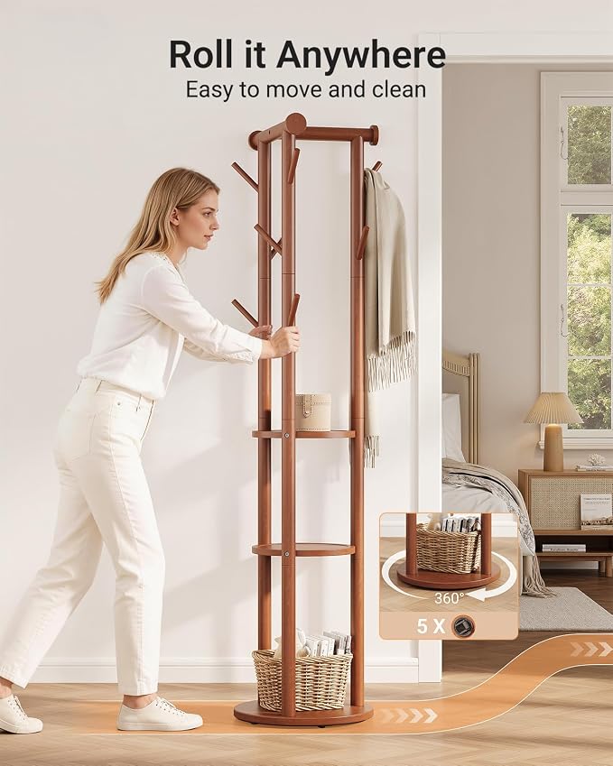 Pipishell Solid Wood Freestanding Coat Rack with 5 Wheels, 9 Hooks, Shelves | 100% pine wood, 5 smooth-rolling wheels, 3-tier storage shelves, thickened base, T-shaped top for balance, CARB-certified