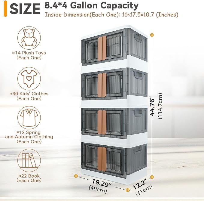 Storage Box, Plastic Cabinet, 8.4 Gallon (32L) Capacity (Each One), 4 Packs, Stackable Collapsible Drawer, with Door and Buckle, Organizer for Home and Office, Transparent