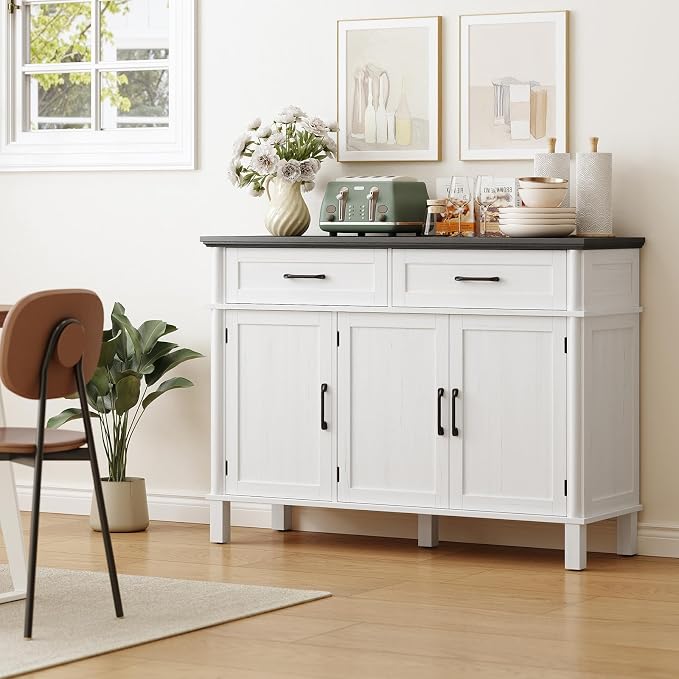 48 Inches Buffet Cabinet with Storage, Farmhouse Sideboard Buffet w/2 Drawers and 3 Doors, Wood Coffee Bar Cabinet with Adjustable Shelves, Sideboard Storage for Kitchen, Living Room, Off White&Black