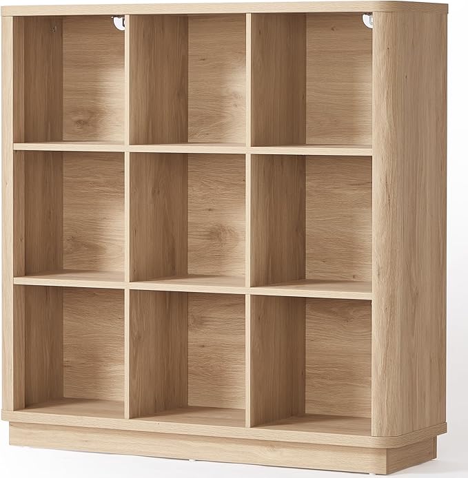 Joaxswe 9 Cube Storage Book Shelf, 41" Tall Organizer Bookshelf with Curved Edge, Modern Floor Standing 3-Tier Cubby Bookcase with Base, Wood Display Book Case for Living Room, Home Office,Natural Oak