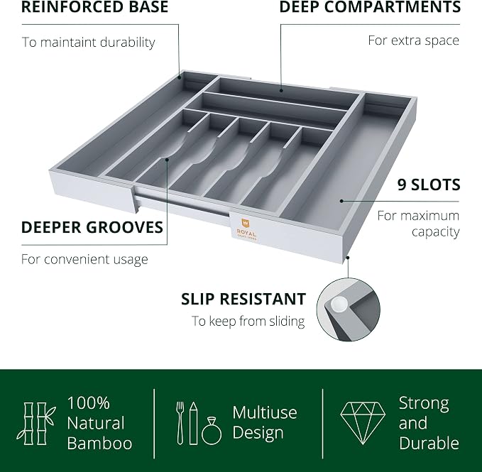 ROYAL CRAFT WOOD Luxury Bamboo Kitchen Drawer Organizer - Silverware Organizer - Utensil Holder and Cutlery Tray with Grooved Drawer Dividers for Flatware and Kitchen Utensils (9 Slot, Gray)