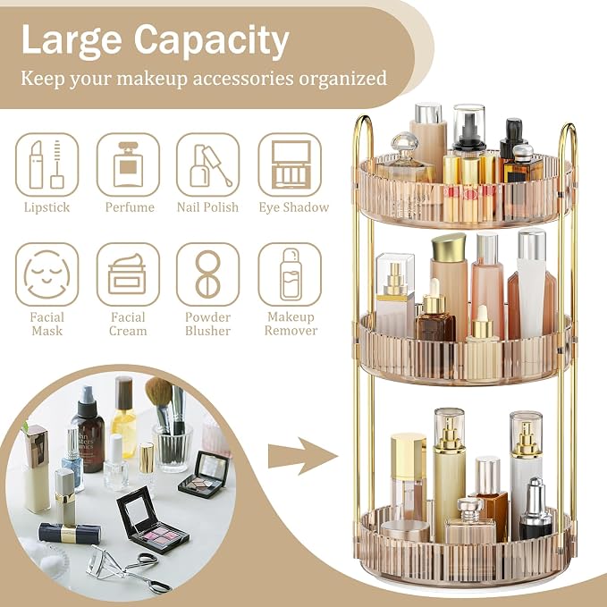 MOKANI 360 Rotating Makeup Organizer for Vanity, 3 Tier Perfume Organizer | Adjustable Multi-Function Spinning Cosmetics Skincare Storage for Bedroom, Dresser, Countertop, Amber