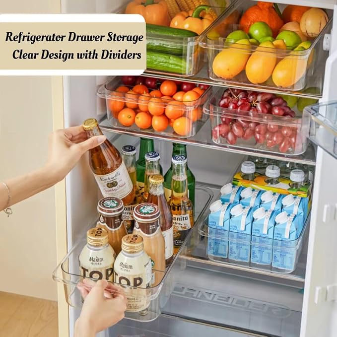 Roll-Out Refrigerator Organizers and Storage, 2 Pack Drawer Fridge Bins | Silicone Wheels, Adjustable Dividers, Thick Clear PET, Built-In Handle, for Fridge, Pantry, Bathroom & Kitchen Organization