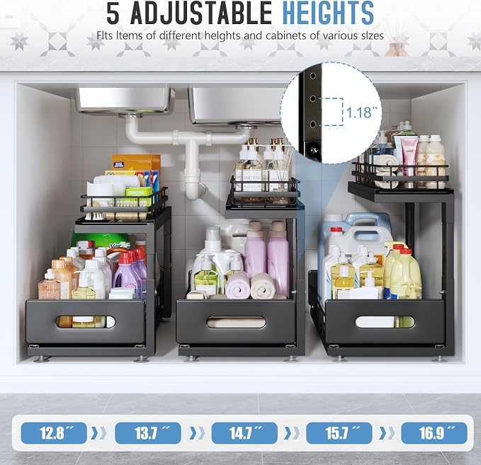 Under Sink Organizer Upgrade To Professional Rails,2-Tier Dual Pull Out Cabinet Storage,Height Adjustable Slide Out Drawers For Bathroom Kitchen,2 Pack-18.5"Dx12.8"-16.9"H,Black