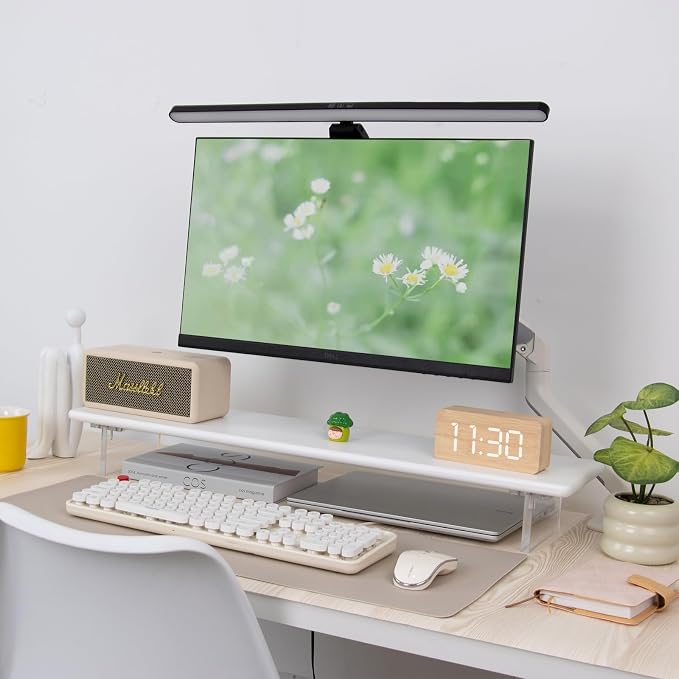 Bamboo Monitor Stand Riser, Natural Desk Shelf with Acrylic Legs | 31.5-Inch Wide, 3.3-Inch Clearance, Fits Monitor, Laptop, Printer and Speakers for Small Desks