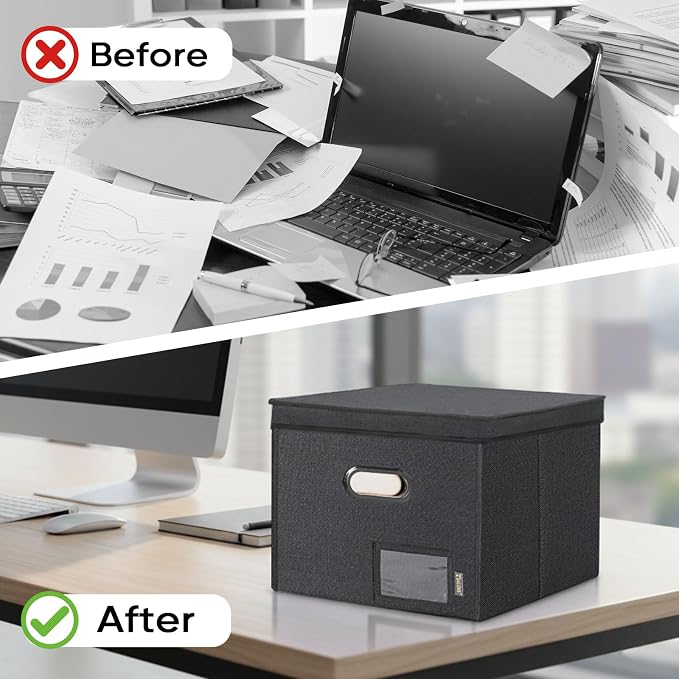 BALEINE File Organizer Box with Lid, Collapsible File Folder Organizer with Plastic Slide, Hanging File Folder Box for Office Document Storage (Tab Friendly, 2 Pack, Black)