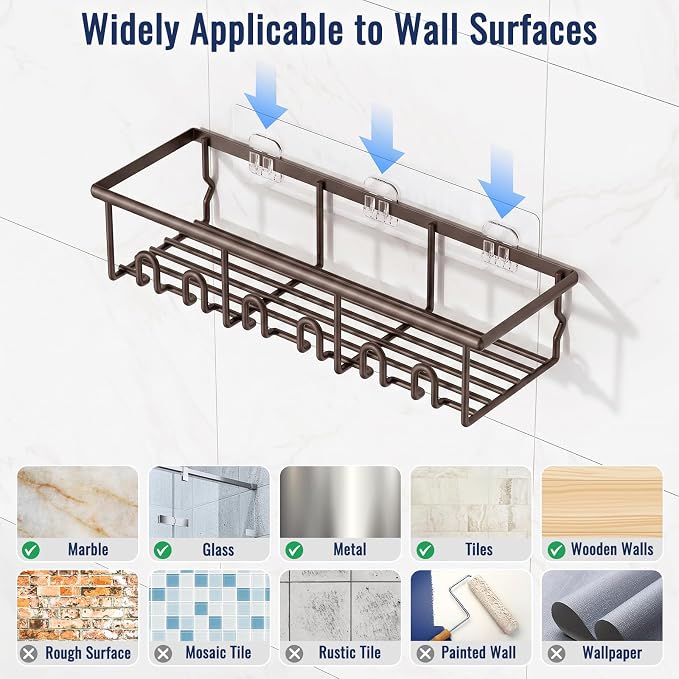 8 Pack Adhesive Rustproof Shower Caddy with Soap Dishes, Toothbrush Holder & Hooks, Large Capacity No-Drilling Shower Shelves Rack for Bathroom Organizers and Storage Accessories, Brown