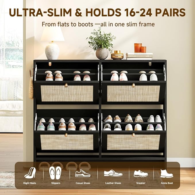 Nicetree Shoe Cabinet Storage for Entryway, 4-Flip Drawer Narrow Shoe Rack, Organic Modern Rattan Shoe Organizer, Shoe Organizer Fits Men's Size 13.5, Midnight Charcoal