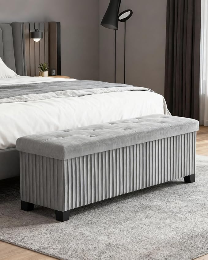 LITZFUR 43 Inches Storage Ottoman Bench, Velvet Foot Rest Stool, Grey | Folding Ottoman with Legs, End of Bed Bench, Storage Chest for Living Room, Bedroom