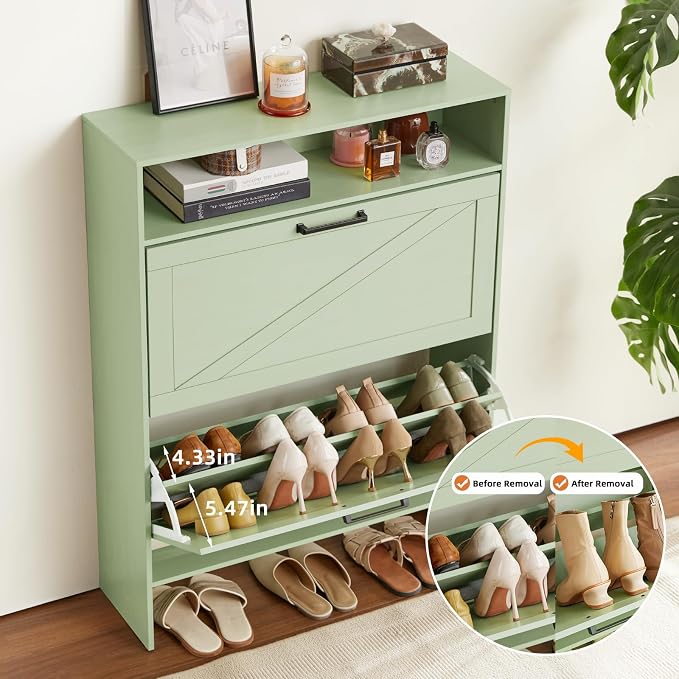 RWYHG Shoe Cabinet Storage for Entryway with 2 Flip Drawers | Open Storage Layer Rack Narrow Organizer Slim Hidden Wood Shoe Cabinet Furniture