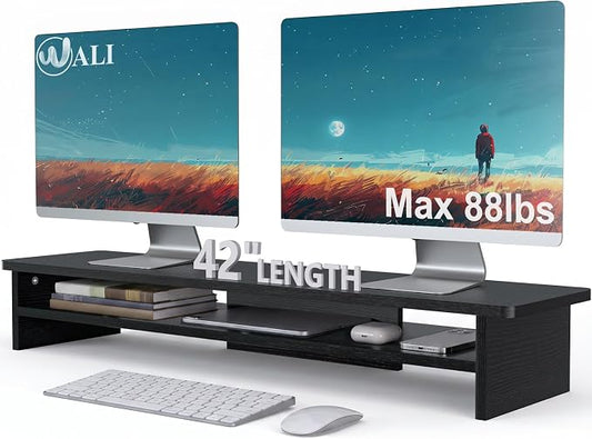 WALI 42 inch Large Wood Dual Monitor Stand Riser with Storage, up to 88lbs | Multi-Purpose Computer Stands, 2 Tier Desktop Organizer Desk Shelf for Home Office PC, Laptop, Printer, TV (WTT001), Black
