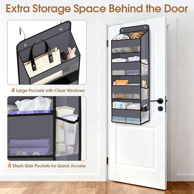Over The Door Organizer Storage behind Door Hanging Organizer for Nursery | 4 Tier, 6 Side Pockets, Clear Window, Sturdy Construction, Space-Saving Storage for Closet, Bedroom, Bathroom & Nursery