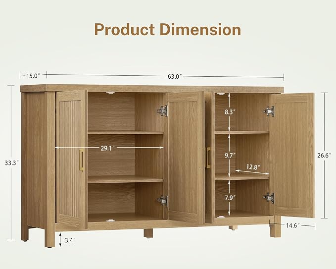 usikey 63" Buffet Cabinet with Storage, Fluted Sideboard Cabinet with 4 Adjustable Shelves, Modern Coffee Bar with 4 Doors, Coffee Bar Cabinet for Kitchen, Living Room, Natural