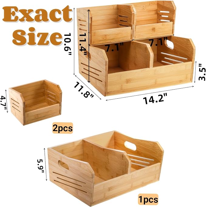 Noamus 2 Tier Bamboo Stackable Storage Bins, 4 Compartment Potato and Onion Storage Baskets, Pantry Organizer Holder with Handle, Open Front Kitchen Fruit Containers for Fruit Bread Vegetable Garlic