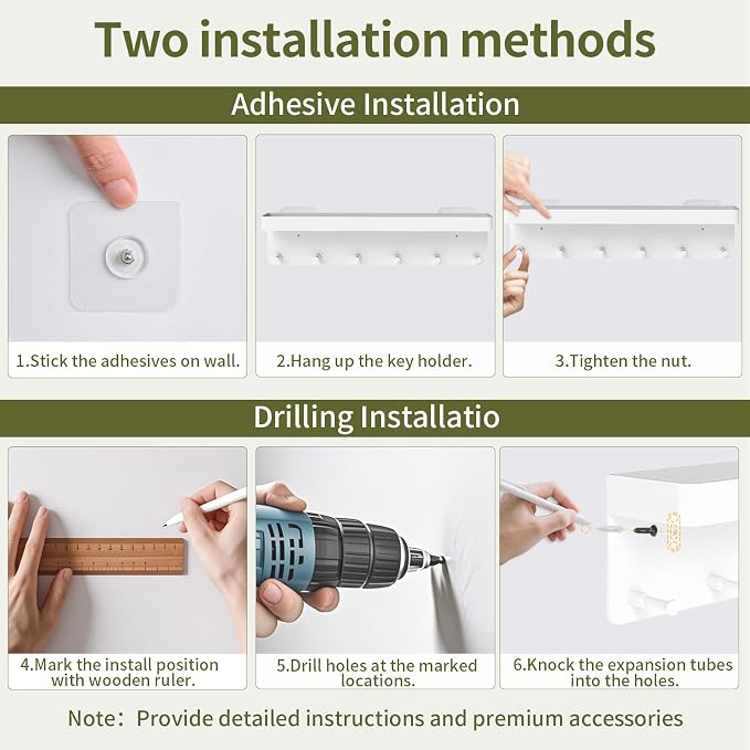 MKO Key Holder Wall Mount, Adhesive Key Hanger with 6 Hooks for Wall, White | Metal Material, Key Rack with Shelf, Wall Mount, Mail Organizer Tray, Suitable for Entryway, Hallway, Living Room