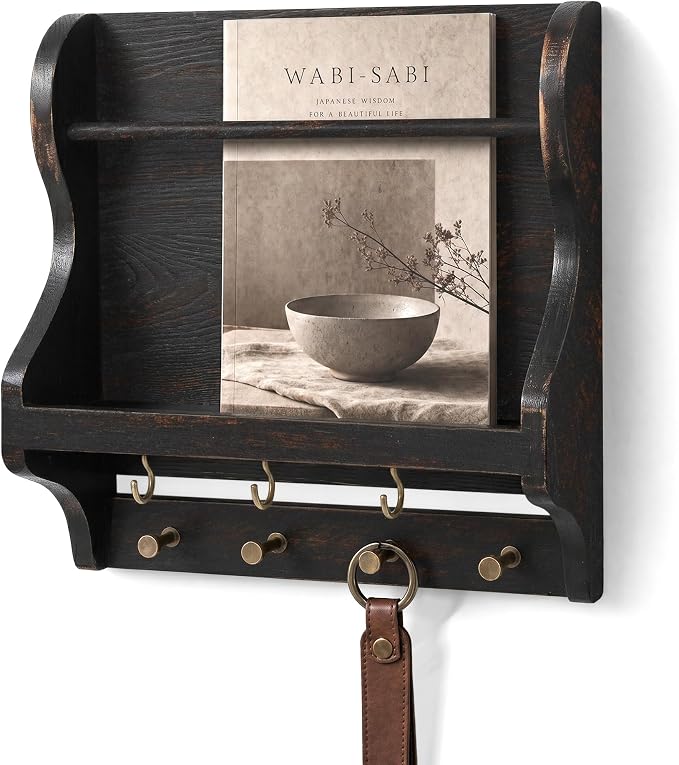 Mail Organizer Wall Mount: Magazine Holder for Room Decor, Distressed Black | Pine Wood, Anti-drop wood strip, Envelope Slot for Letter, Key Hooks, Farmhouse Wall Mail Organizer, Home Decor Accent