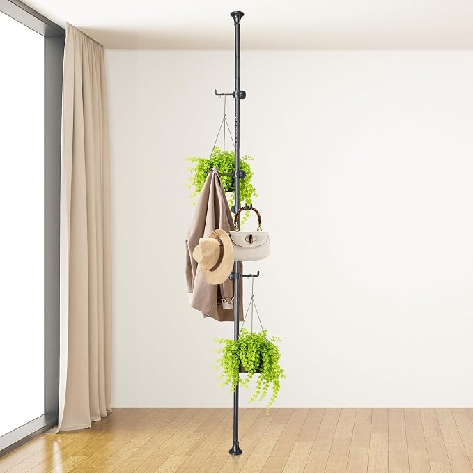 Coat Rack Freestanding with 12 Hooks - Multi-Purpose Organizer for Entryway, Bathroom, Corner & Plant Storage, No Drilling, Height Adjustable, Stainless Steel