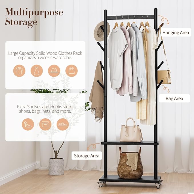 Yoobure Solid Wood Coat Rack Freestanding - Rolling Clothes Rack with 8 Hooks & Shelves, Small Clothing Rack with Wheels, Heavy Duty Clothing Racks for Hanging Clothes, Portable Hall Tree for Entryway