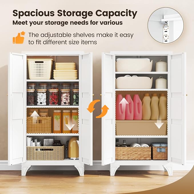 Yizosh Metal Storage Cabinet with Doors and 3 Adjustable Shelves - 47" White Kitchen Pantry Storage Cabinet Locker for Kitchen,Living Room,Dining Room