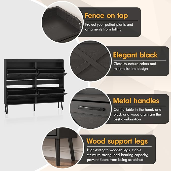 Maupvit Large Shoe Storage Cabinet with 4 Flip Drawers, Narrow Shoe Cabinet for Entryway with Wooden Legs, Freestanding Hidden Shoe Rack Organizer ＆ Metal Hinges, Black