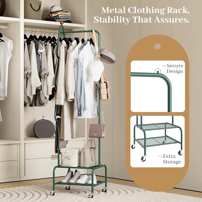 Clothes Rack, Metal Garment Rack with Wheels and Shelves, Rolling Portable Clothing Racks for Hanging Clothes, Freestanding Storage Solution for Small Spaces (Deep Green)