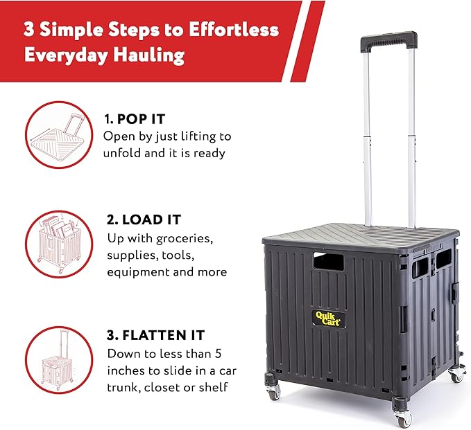 dbest Products Quik Cart 360 Rolling Crate with Wheels - Collapsible Utility Cart for Teachers & Home - Heavy Duty Folding Cart with Seat - 80 lb Capacity - Black | 80 lbs Capacity, 360 Spinner Wheels, Telescoping Handle, Folding Portable Utility Cart ...