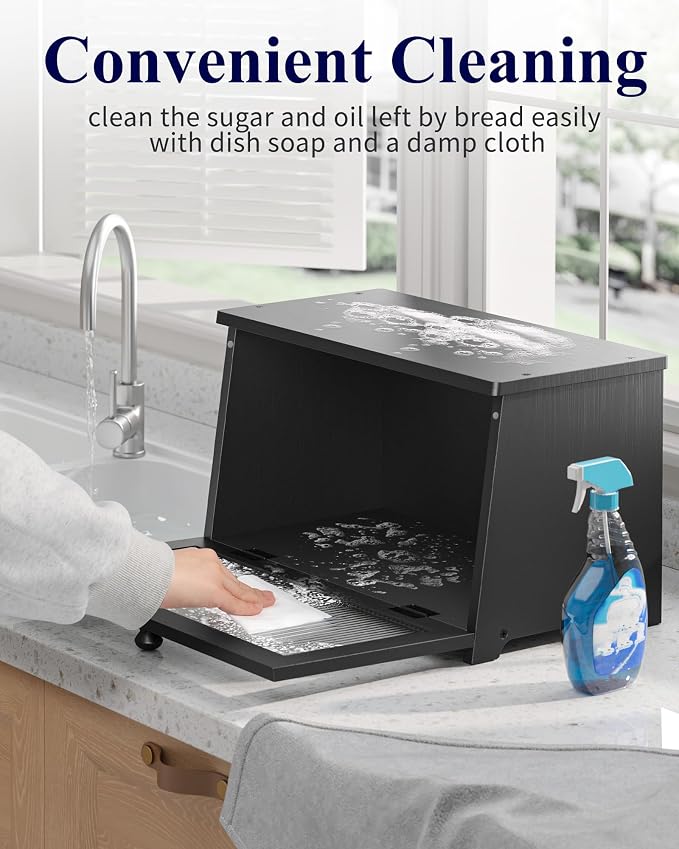 Kitsure Wooden Bread Box for Kitchen Countertop, 1-Tier, Black | Large Capacity Kitchen Countertop Organizer, Stylish Bread Storage with Window, Multi-functional Container