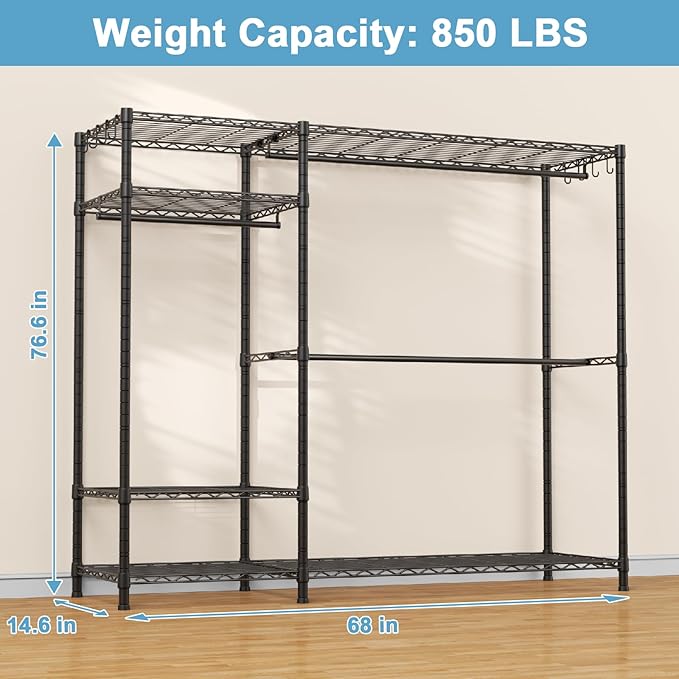 Ulif F7 Plus Clothes Rack, Clothing Racks for Hanging Clothes, Black | Heavy Duty Garment Rack, 6-Tiers Freestanding Portable Closet Storage Racks 68'' W × 14.6'' D × 76.6'' H, Max Load 850 Lbs