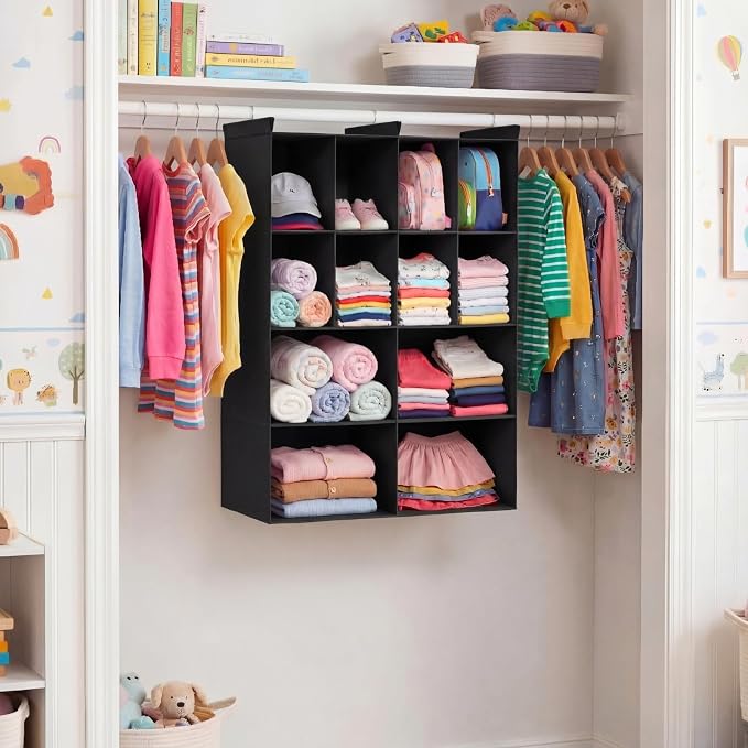 4 Tier Hanging Closet Organizer, 12 Compartments Dual Row Storage, Black | Closet Organizers and Storage with Large & Small Cubbies, 3 Sturdy Hooks Support Heavy Loads, for Dorm, RV, Garment Rack