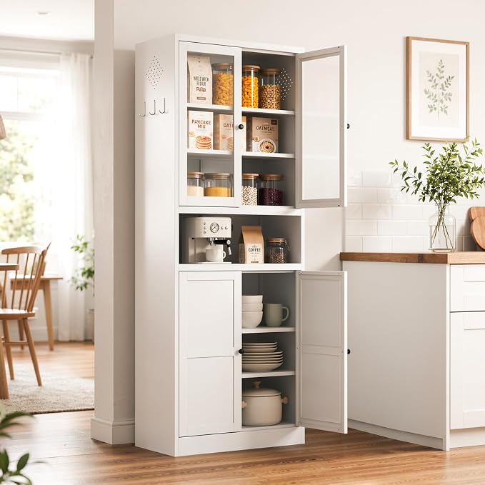 Metal Pantry Cabinet, 72" Kitchen Pantry Cabinet with 2 Doors and 4 Adjustable Shelves, White Steel Storage Cupboard for Dining, Office, Living Room, Bathroom