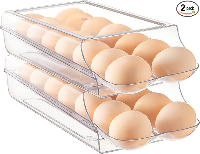 Vtopmart 2 Pack Egg Holder for Fridge, Automatic Rolling Egg Container | Stackable Clear 14-Count Eggs Organizer with Removable Inner Tray, Egg Storage for Refrigerator, Space Saving