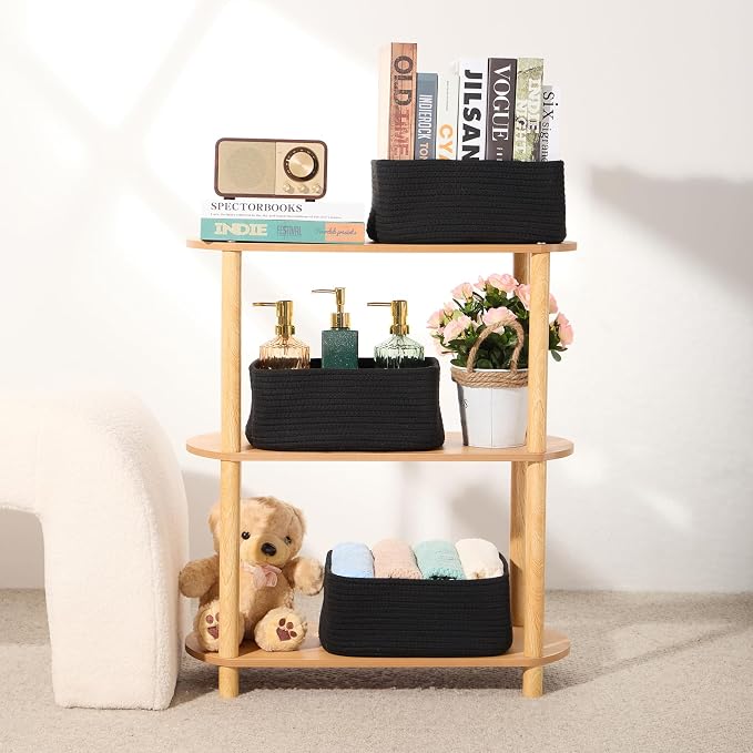 MiniArk Small Storage Baskets for Organizing | Closet Organizer Bins | Shelf Toy Basket | Woven Rope Baskets | Cube Decorative Box | Shallow Basket | 11.5x7.5x4.7” | 3 Packs Black