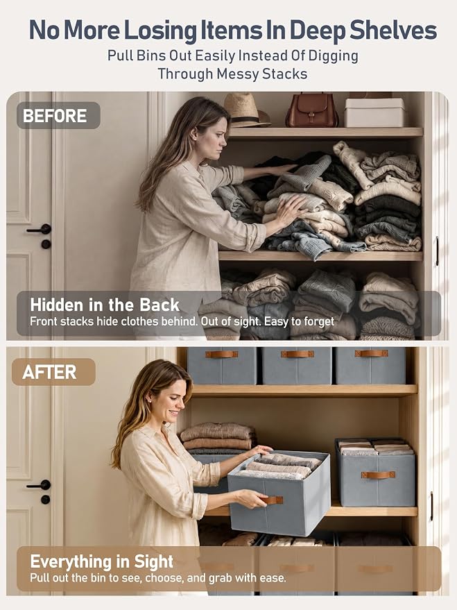 6 Pack Large Closet Storage Baskets Bins for Shelves, Collapsible Fabric Closet Organizers and Storage with Polyester Handles, Decorative Baskets for Organizing Clothes, Towels, Linen Closet 14"x10"