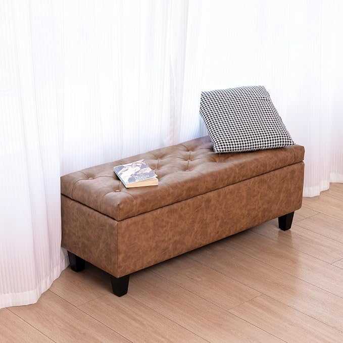 Redlife 42" Faux Leather Storage Ottoman Bench, End of Bed Storage Bench | Faux Leather, Solid Wood Leg, Safety Hinge, Modern Accent Leather Ottoman Storage for Bedroom Living Room Entryway, Brown
