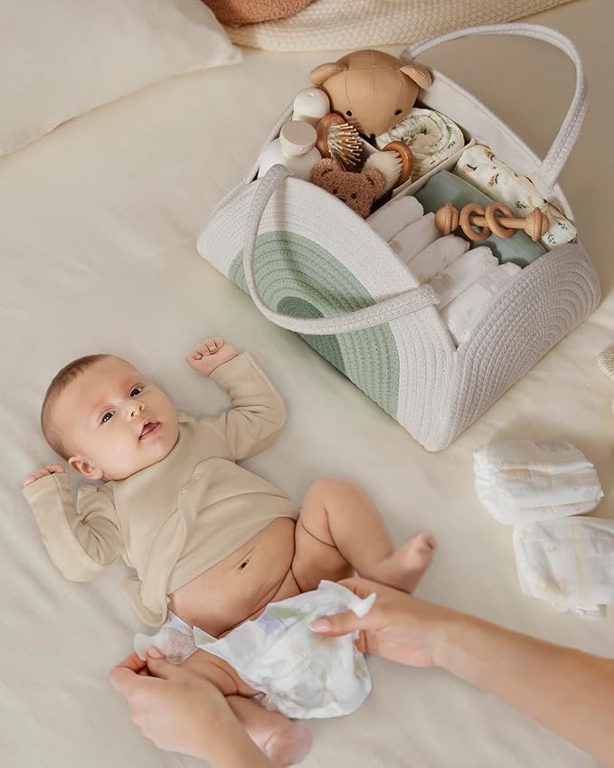 Blissful Diary Baby Diaper Caddy Organizer, Cotton Rope Diaper Caddy Basket, Large Storage Basket for Newborn Boys and Girls, Gift for Baby Shower List, Newborn Essentials, Mint Rainbow