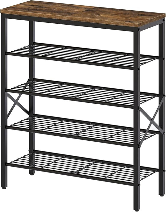 YATINEY 5-Tier Shoe Rack, Shoe Storage for Entryway and Closet, Free Standing Shoe Organizer with Metal Mesh Shelves, 16-20 Pairs of Shoes, Rustic Brown and Black SS05BR