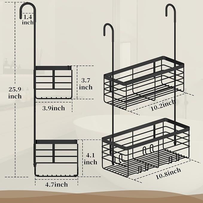 DELLAN 2-Tier Shower Hanging Caddy, Shower Rack with Hooks, Black | Over the Door Stainless Steel Hanging Orangizer and Basket