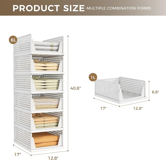 Pinkpum 6 Pack Closet Organizer Storage Bins Stackable Plastic Drawer Shelf | Basket for Clothing Stackable Storage Bins Shelf Storage Container for Closet Wardrobe Bedroom Bathroom Office White Foldable