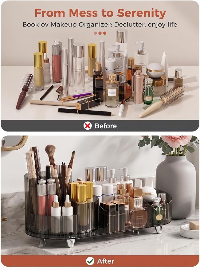 Booklov Rotating Makeup Organizer for Vanity Countertop, Smoke | Clear Acrylic Cosmetic Display Case, Large Beauty Brush Holder for Bathroom Counter, Skincare Lipsticks Storage