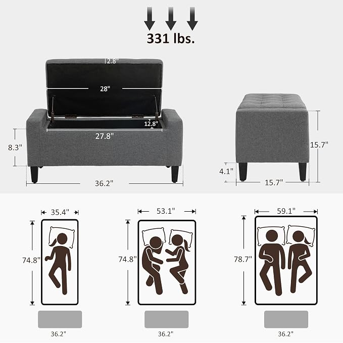 HOMCOM 36" Ottoman with Storage, Lift Top Rubberwood Legs 330 lb Gray | Storage Ottoman Bench, Linen Upholstered Entryway Seat, Living Room, Bedroom