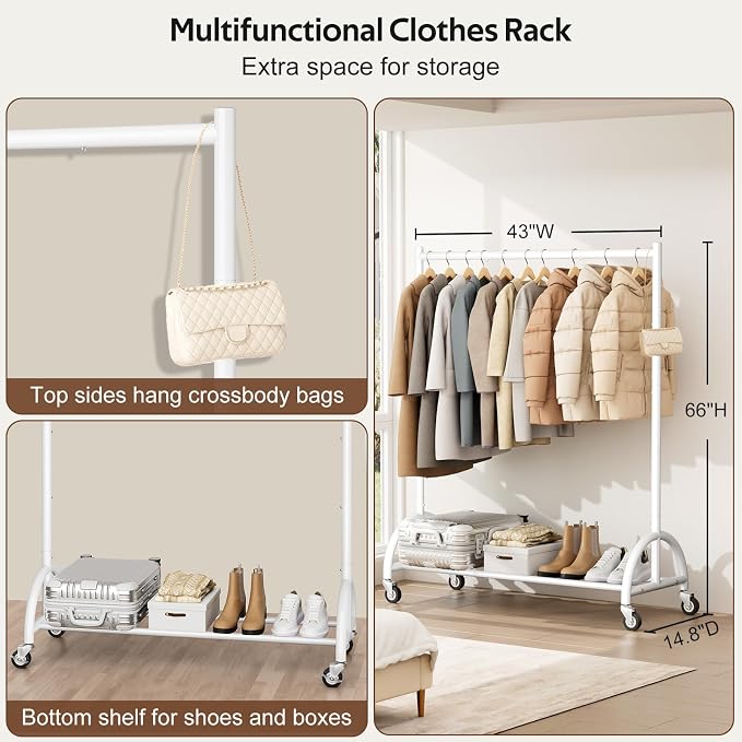 MISSLO Heavy Duty Clothing Rack with Wheels Rolling Clothes Racks for Hanging Clothes, Coats, Garment, Dress, White