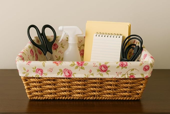 Handwoven Rectangular Storage Basket with Floral Cotton Liner – Decorative Wicker Organizer Bin for Bathroom, Bedroom, or Living Room – Rustic Home Décor Storage Solution