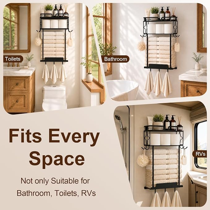 Towel Racks for Bathroom 23.8 Inch Wall Mounted Towel Rack with Shelf, Small Bathroom Towel Storage Holds 3–6 Large Rolled Towels, Metal Wall Towel Rack, Black
