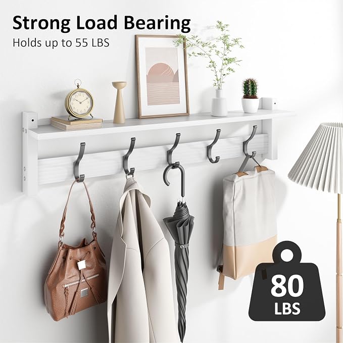 Optish Coat Rack Wall Mount with Shelf, 29 Inch Coat Hanger Walls Mounted, Hat Rack for Walls, Shelf with 5 Coat Hooks, Wall Hanger for Entryway (White)