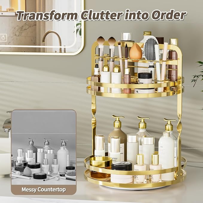 360 Rotating Makeup Organizer,Perfume Organizer, Bathroom Counter Organizer | 2-Tier Large Capacity Gold Vanity Organizer for Dresser,Perfume Shelf with Makeup Brush Holder Stores Skincare and Cosmetics