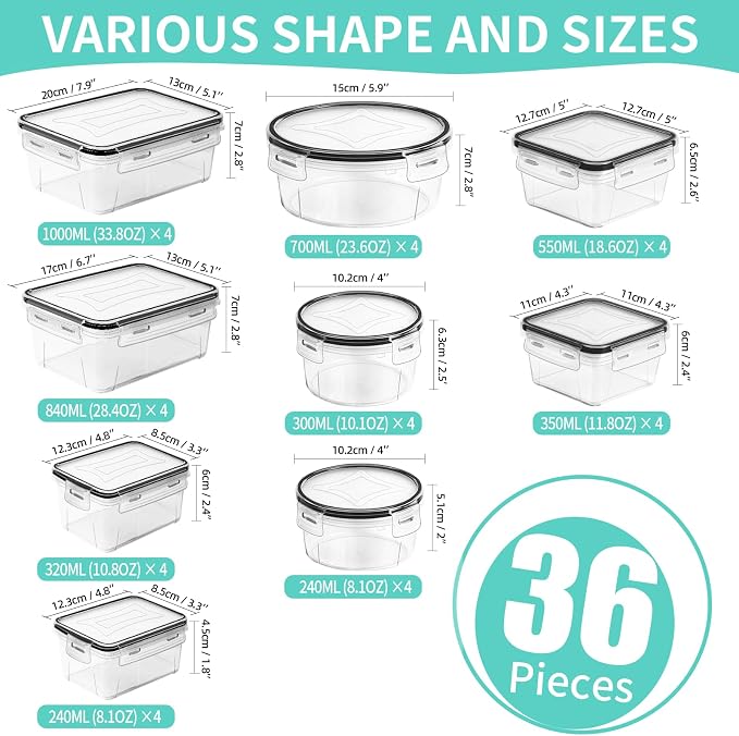 Skroam 72 piece Food Storage Containers Set with Airtight Lids (36 Containers & 36 Lids), Plastic Leak-Proof Kitchen Storage Containers for Pantry Organizers and storage - Meal Prep, Lunch Containers